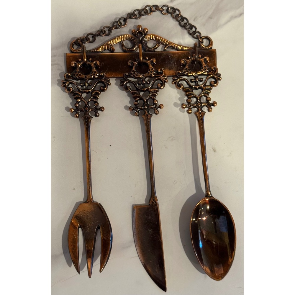 Vintage Copper Wall Kitchen Utensil Set Ornate Fork Knife Spoon Hanging Rack